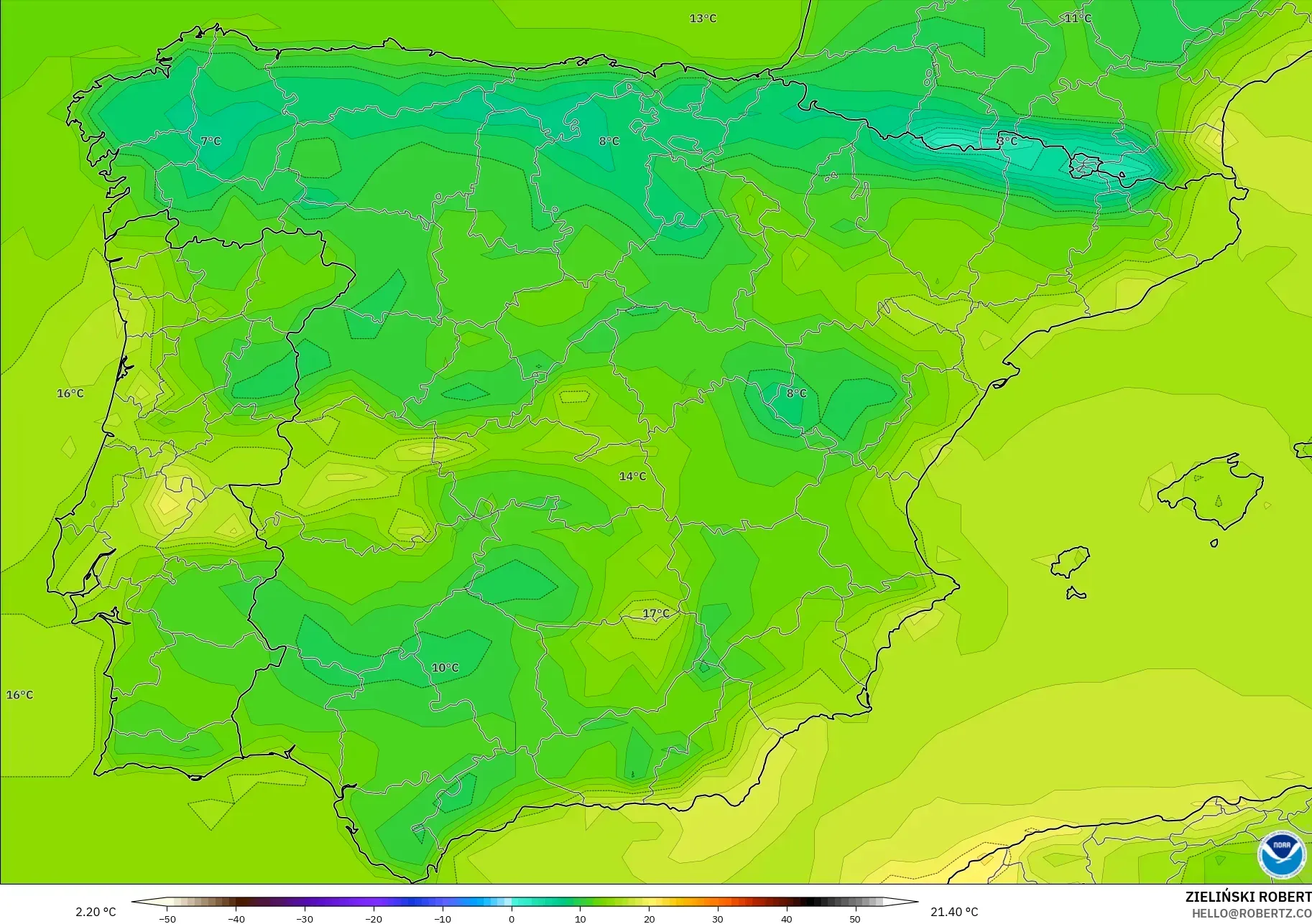 GFS model - Sepanyol, Suhu pada 2 m