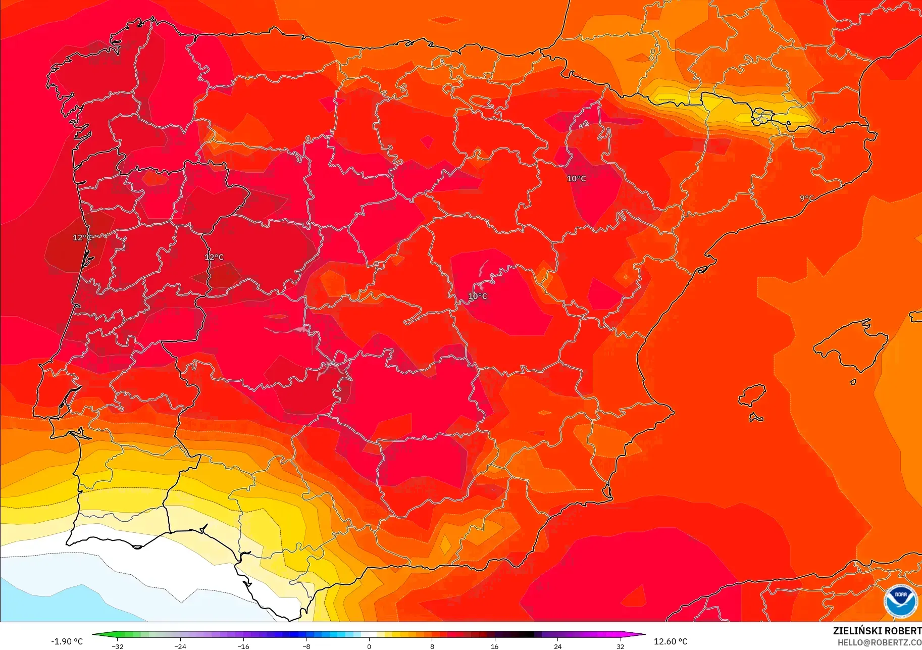 GFS modelo - Spain, Temperature at 850hPa Anomaly