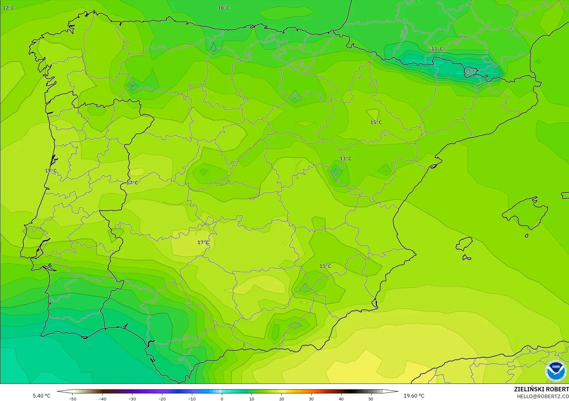 GFS model - Sepanyol, Suhu 850 hPa