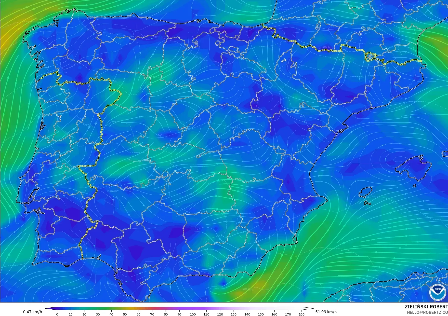 GFS model - Sepanyol, Angin 10 m