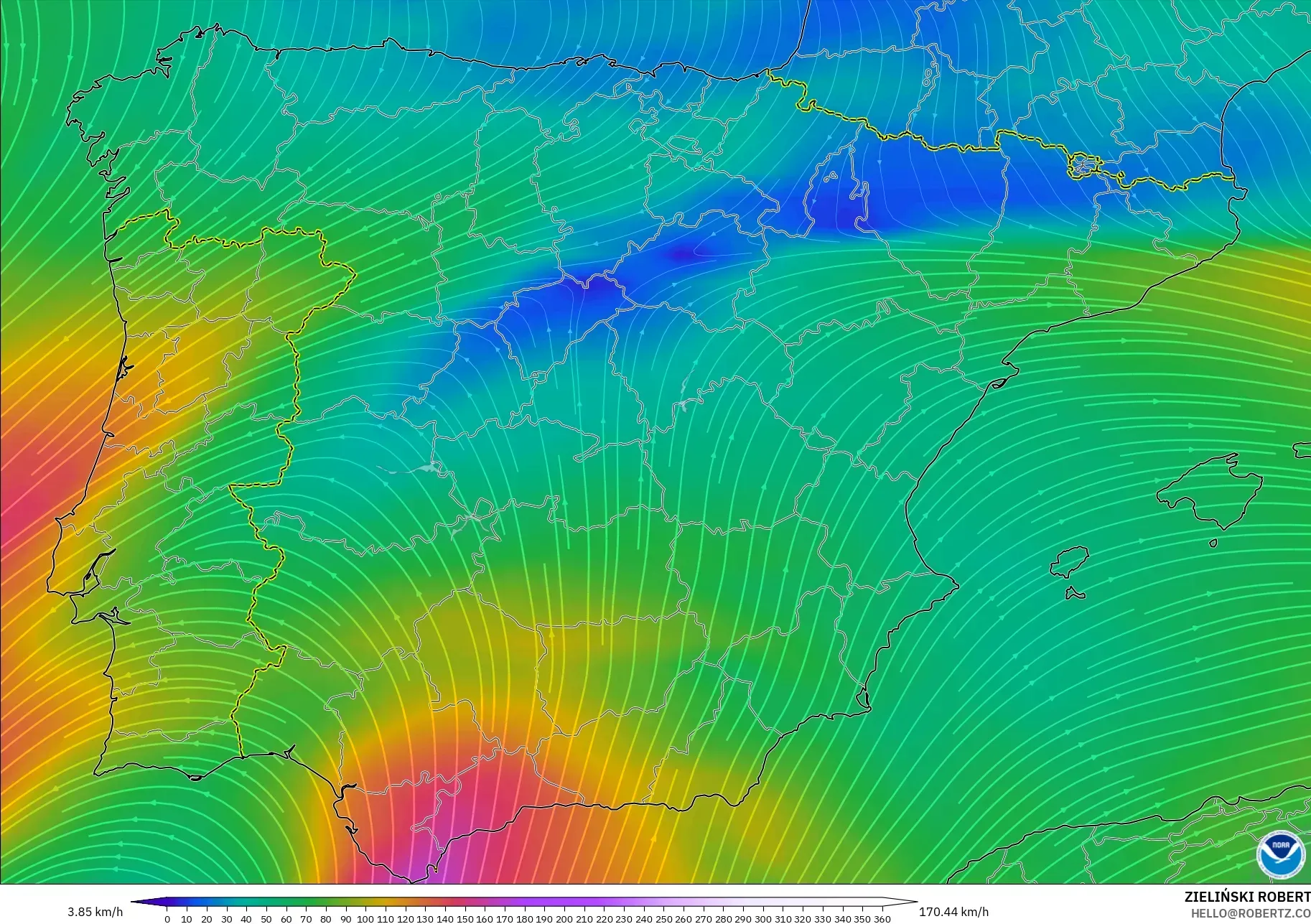 GFS model - Sepanyol, Angin 300 hPa (aliran jet)