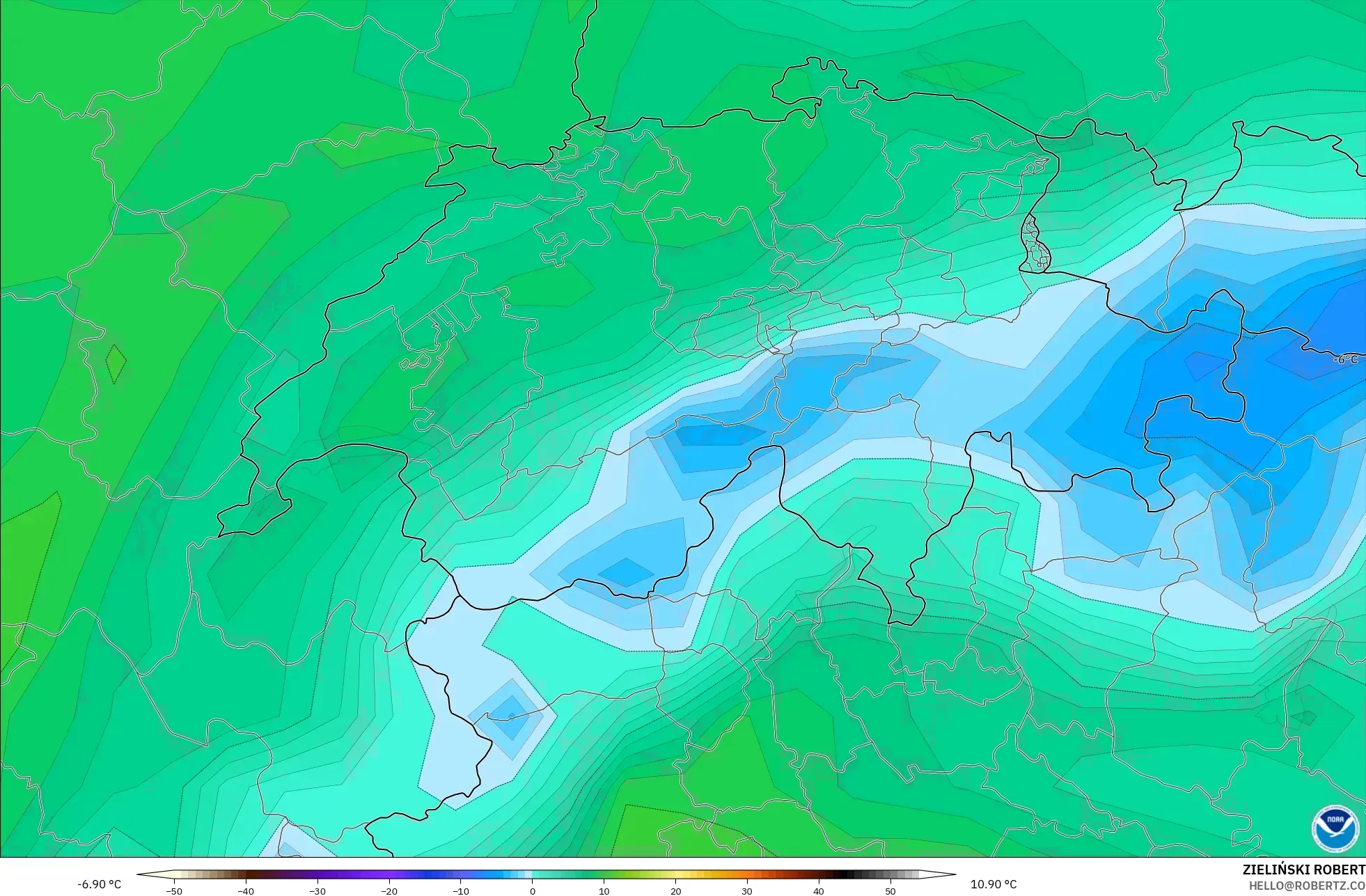 GFS model - Switzerland, Takat Embun 2 m