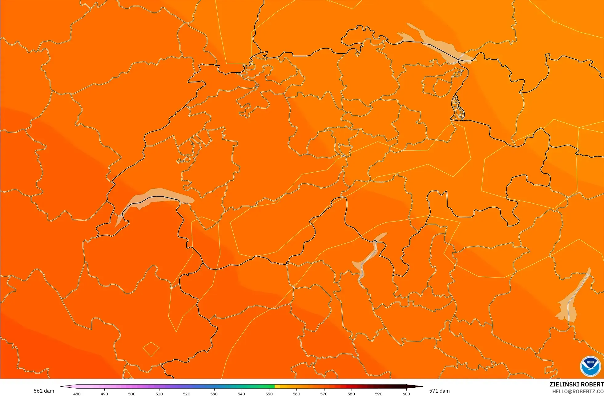 GFS model - Switzerland, Ketinggian geopotensial pada 500 hPa