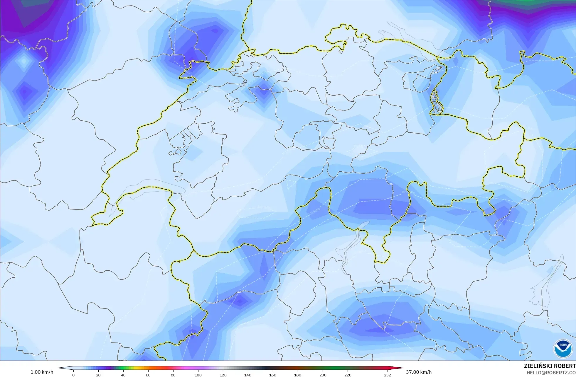 GFS model - Switzerland, Hembusan Angin