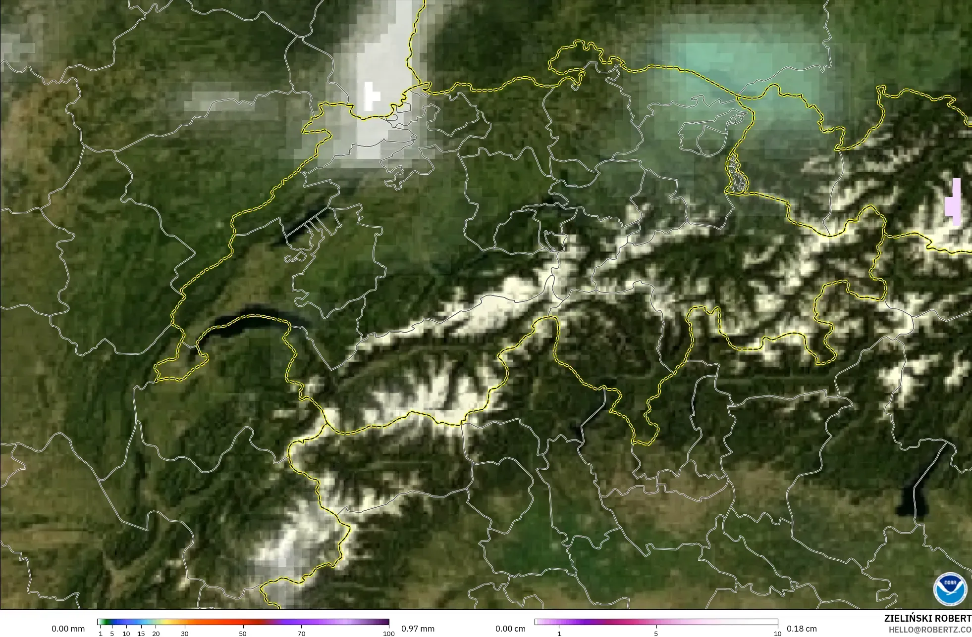 GFS modelo - Switzerland, Precipitation, Clouds, and Pressure