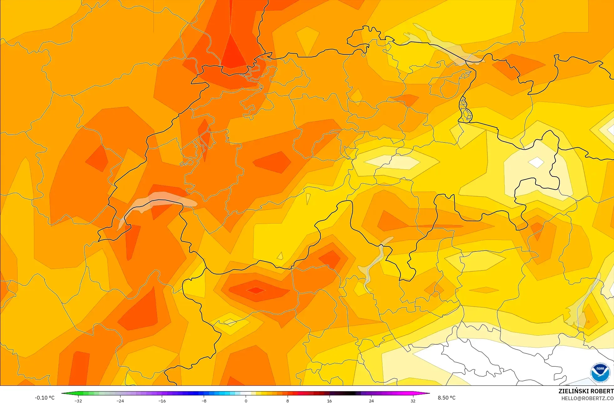 GFS modelo - Switzerland, Temperature at 2m Anomaly