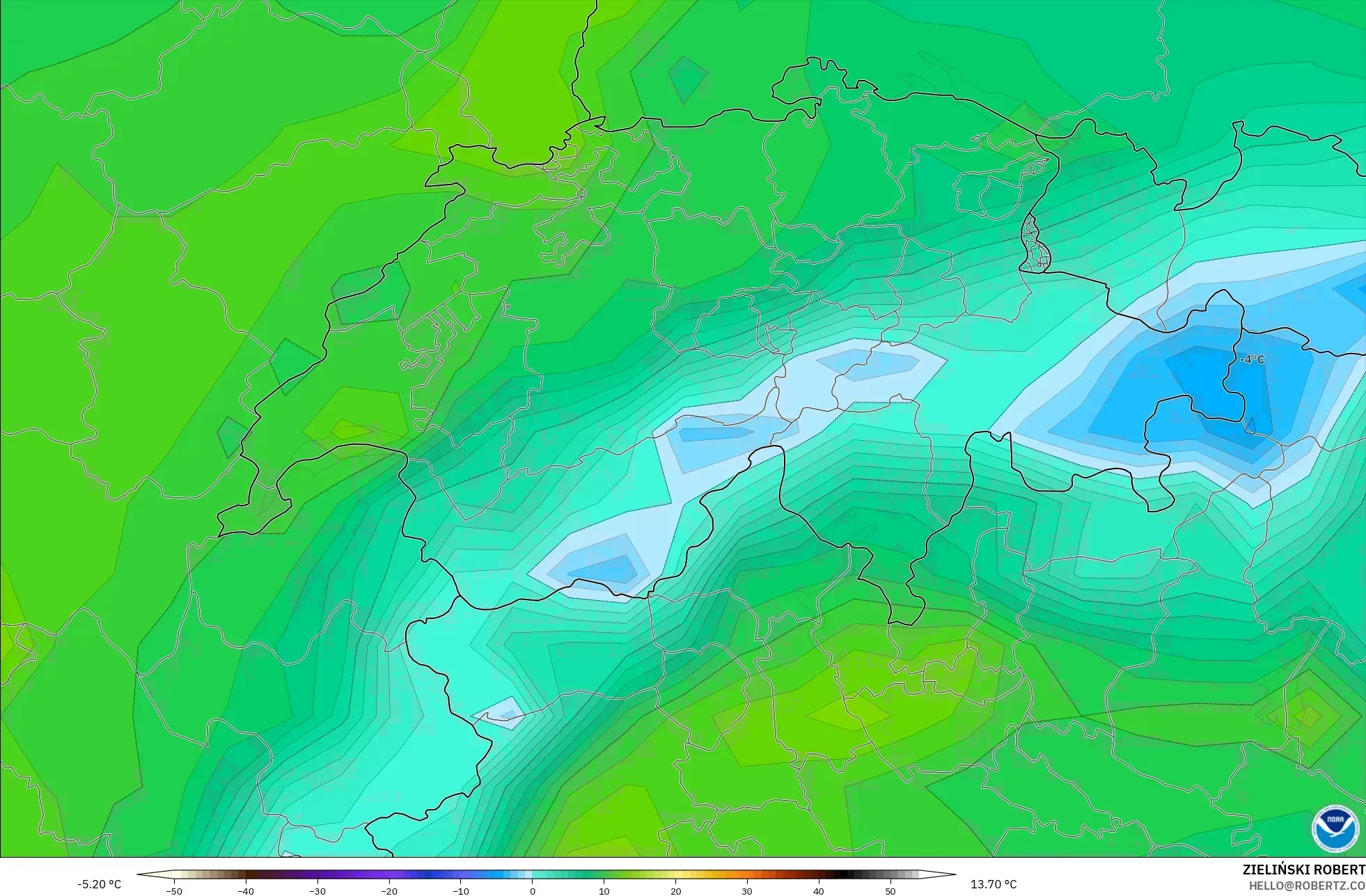 GFS model - Switzerland, Suhu pada 2 m