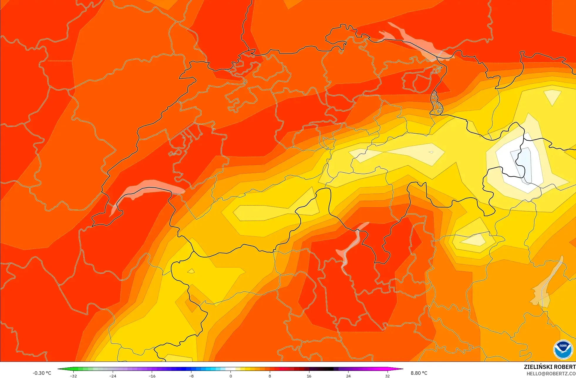 GFS model - Switzerland, Anomali Suhu 850 hPa