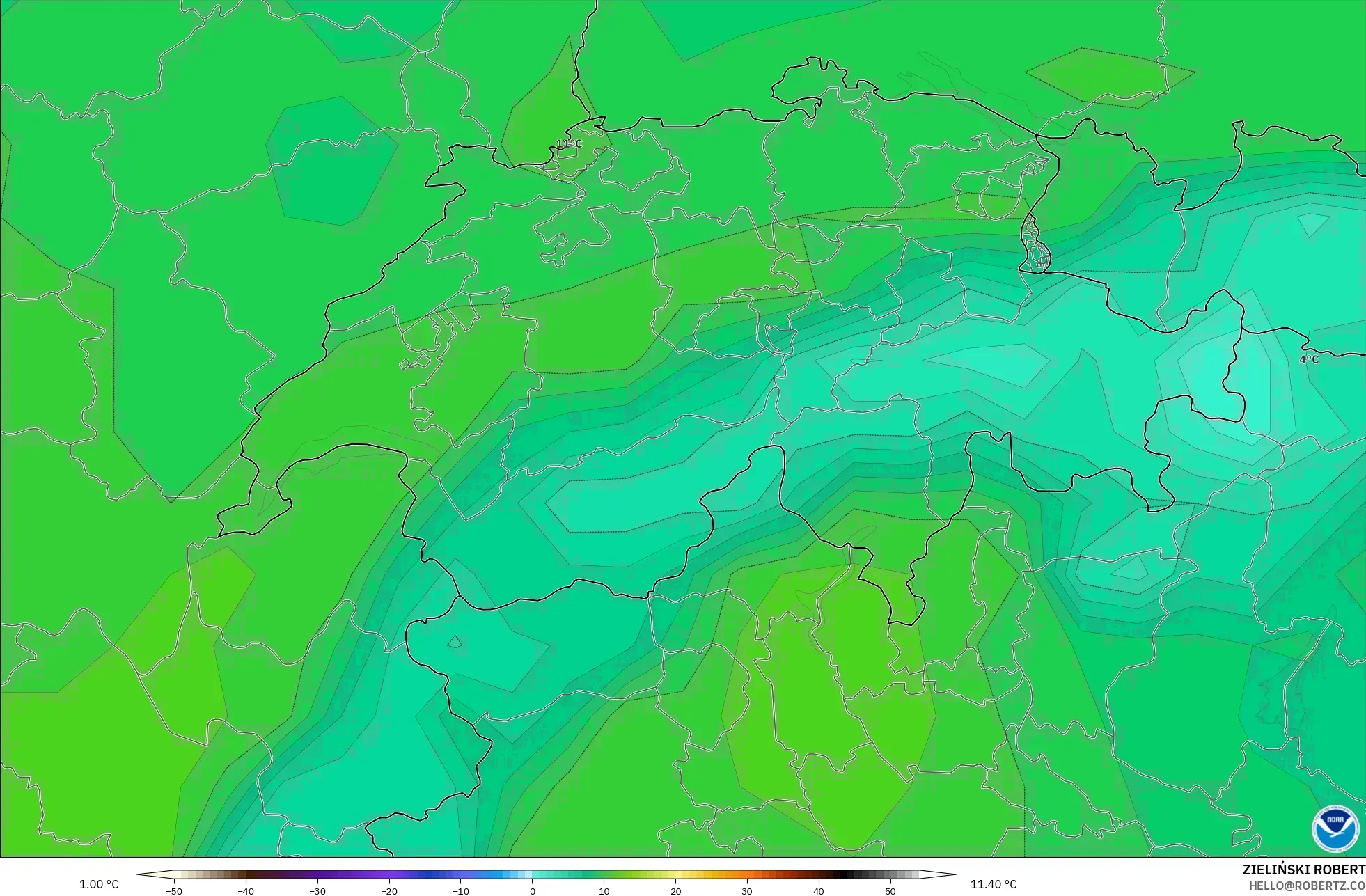 GFS model - Switzerland, Suhu 850 hPa