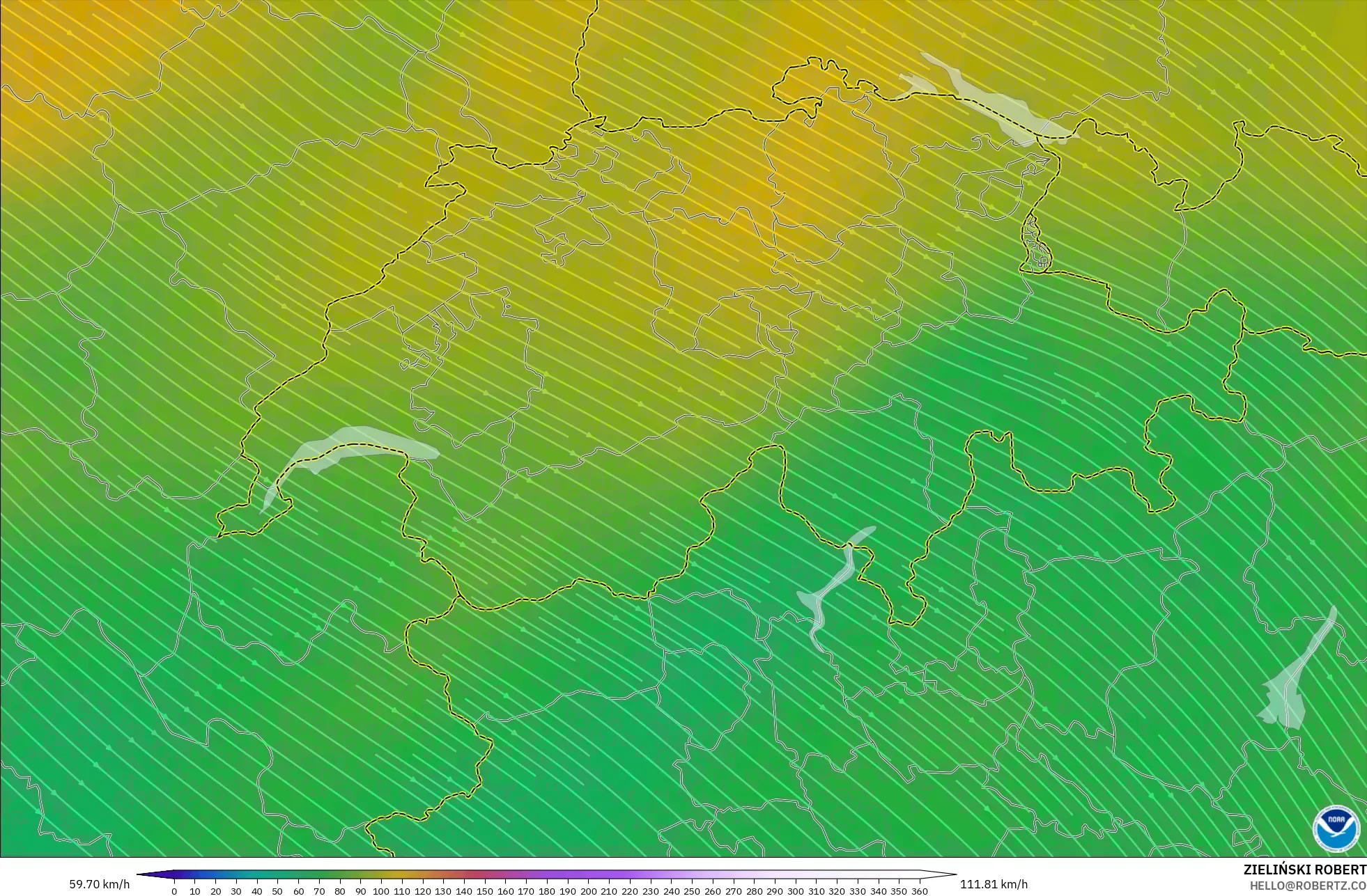 GFS modelo - Switzerland, Wind at 300hPa (jet stream)