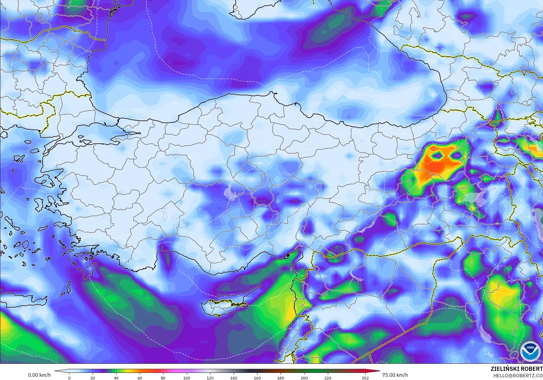 GFS model - Turki, Hembusan Tertinggi