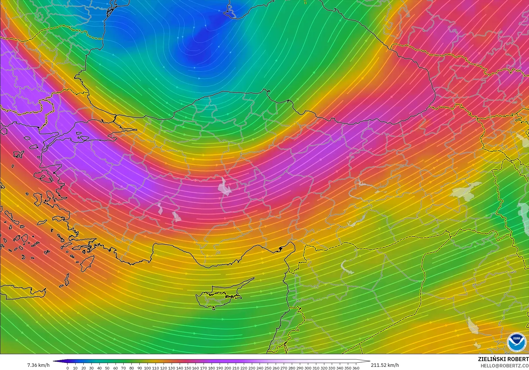 GFS model - Turki, Angin 300 hPa (aliran jet)
