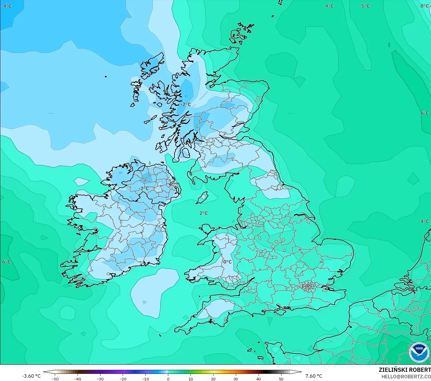 GFS model - United Kingdom, Takat Embun 2 m