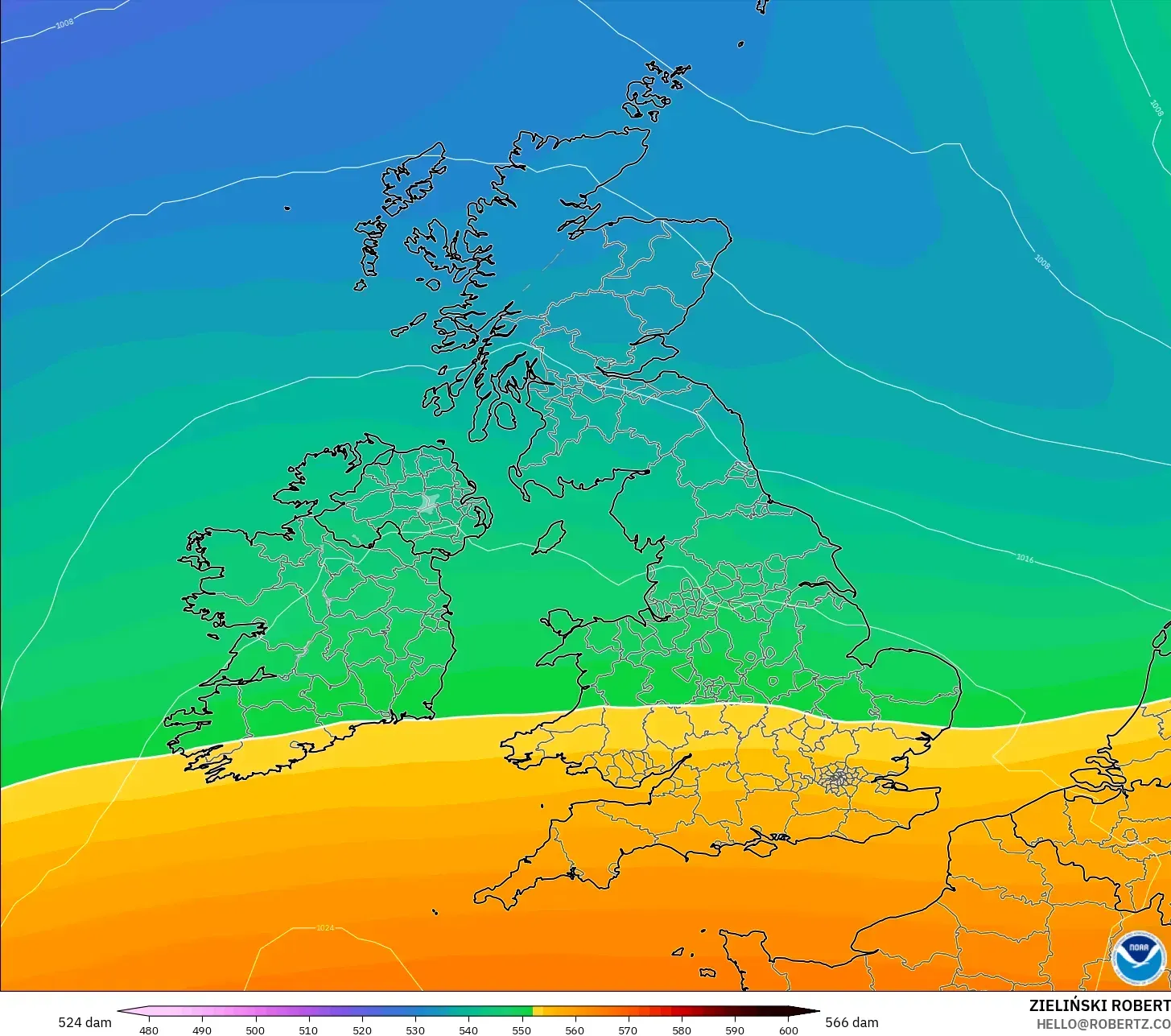 GFS modelo - United Kingdom, Geopotential height at 500hPa