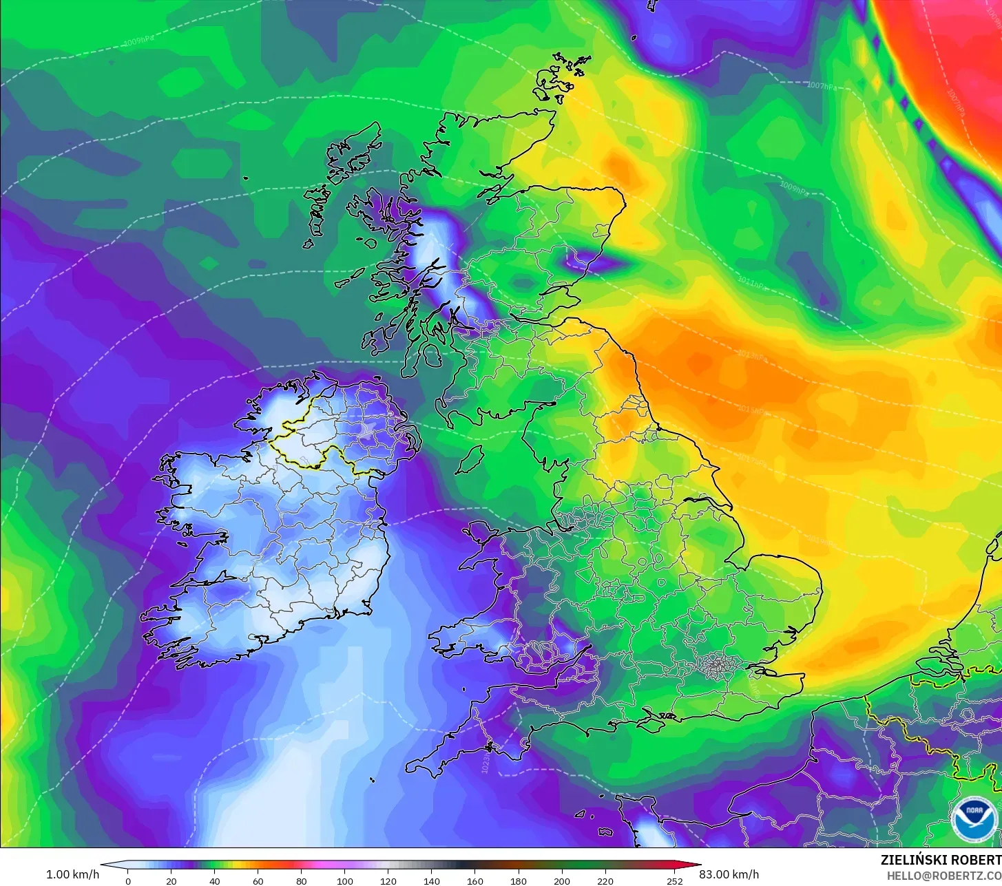 GFS model - United Kingdom, Hembusan Tertinggi