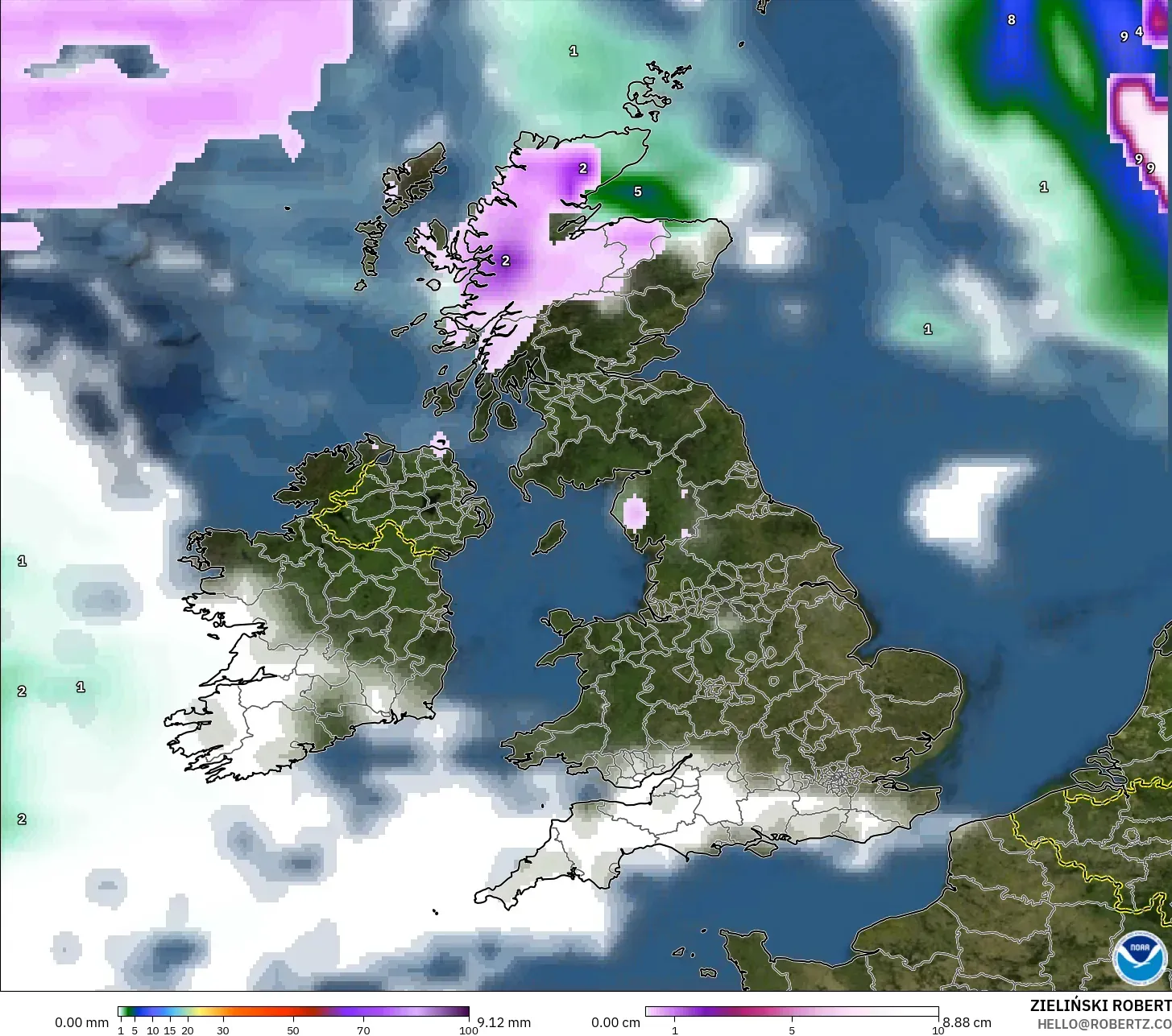 GFS model - United Kingdom, Hujan, Awan dan Tekanan