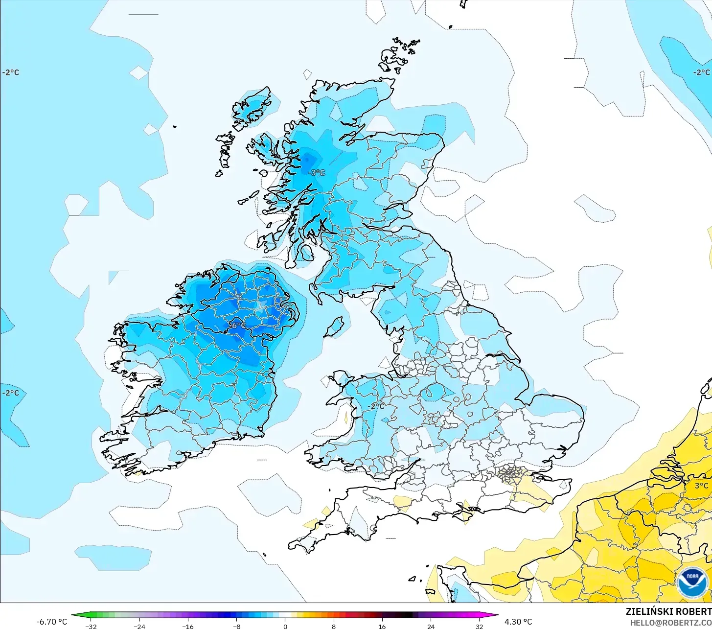 GFS model - United Kingdom, Anomali Suhu 2 m