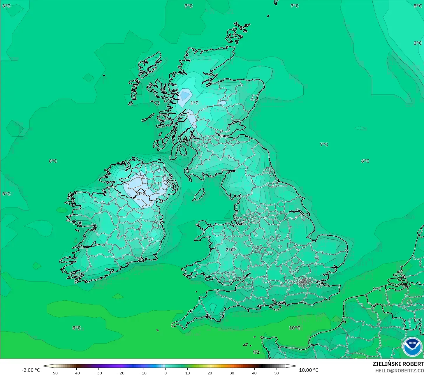 GFS model - United Kingdom, Suhu pada 2 m