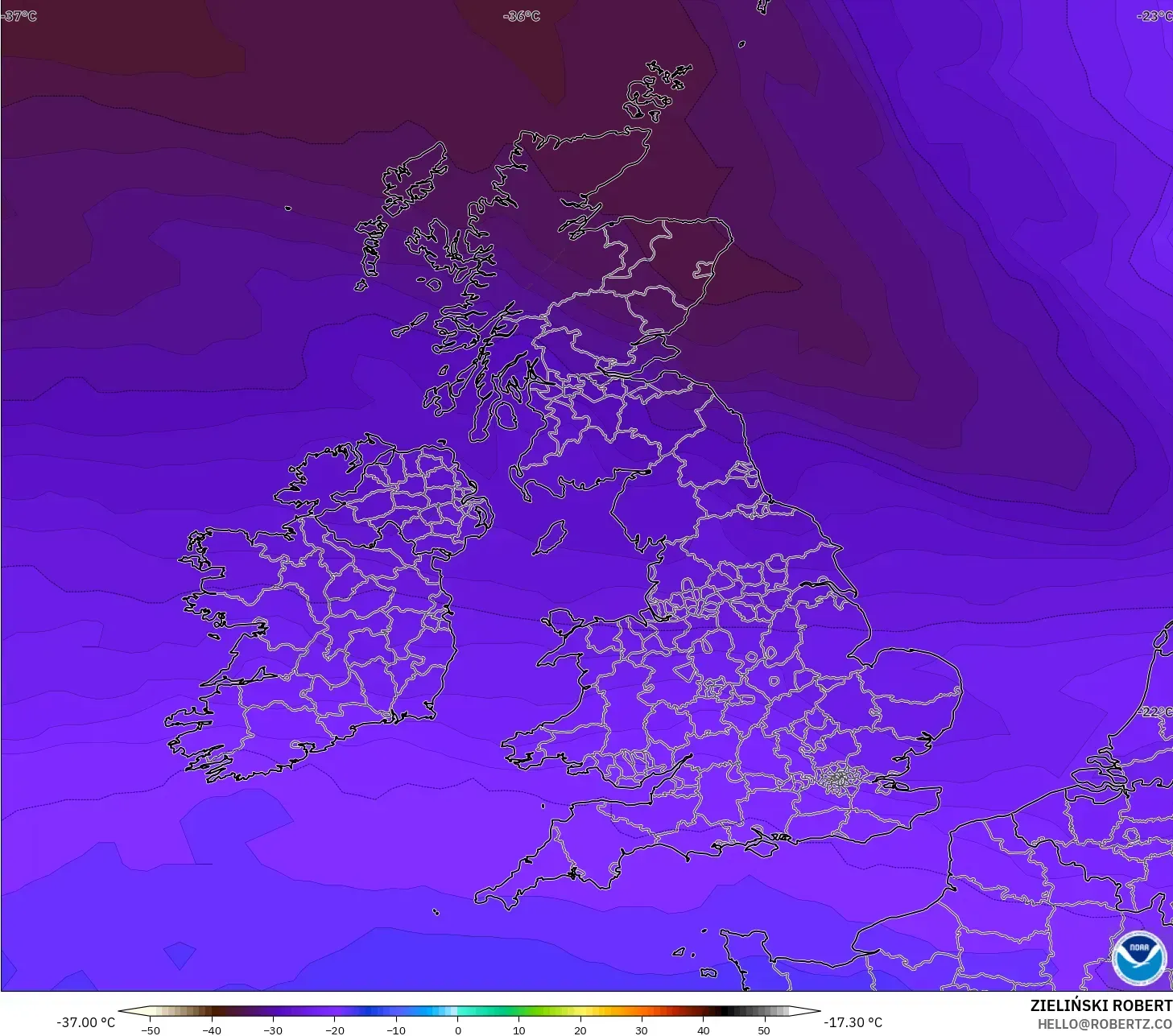 GFS model - United Kingdom, Suhu 500 hPa