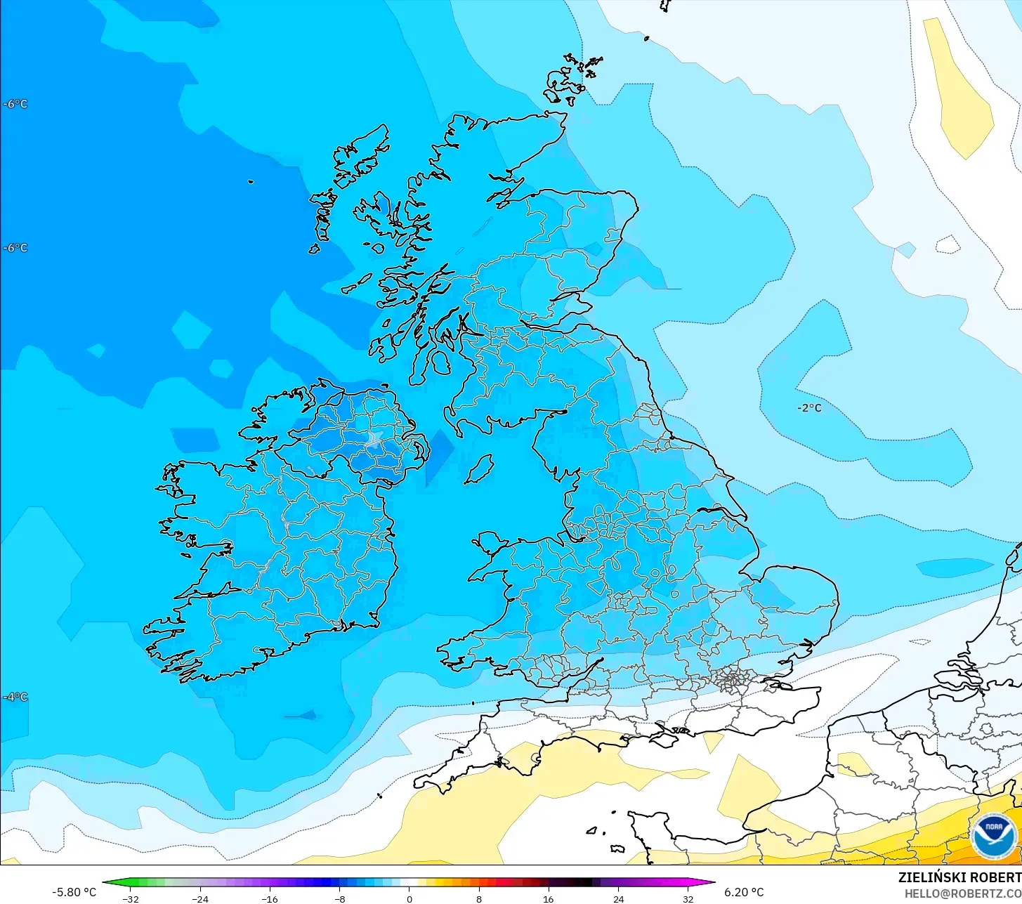 GFS modelo - United Kingdom, Temperature at 850hPa Anomaly
