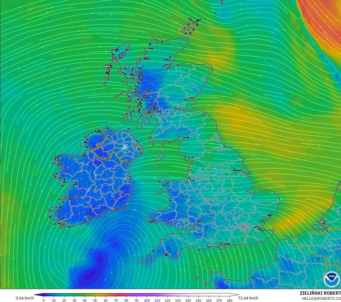 GFS model - United Kingdom, Angin 10 m