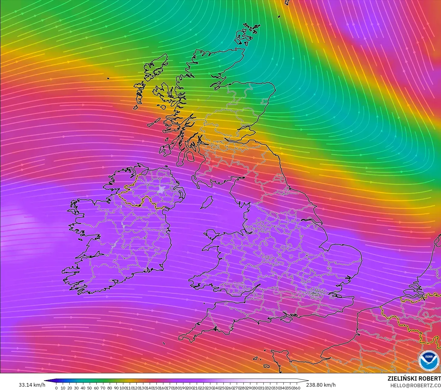 GFS model - United Kingdom, Angin 300 hPa (aliran jet)