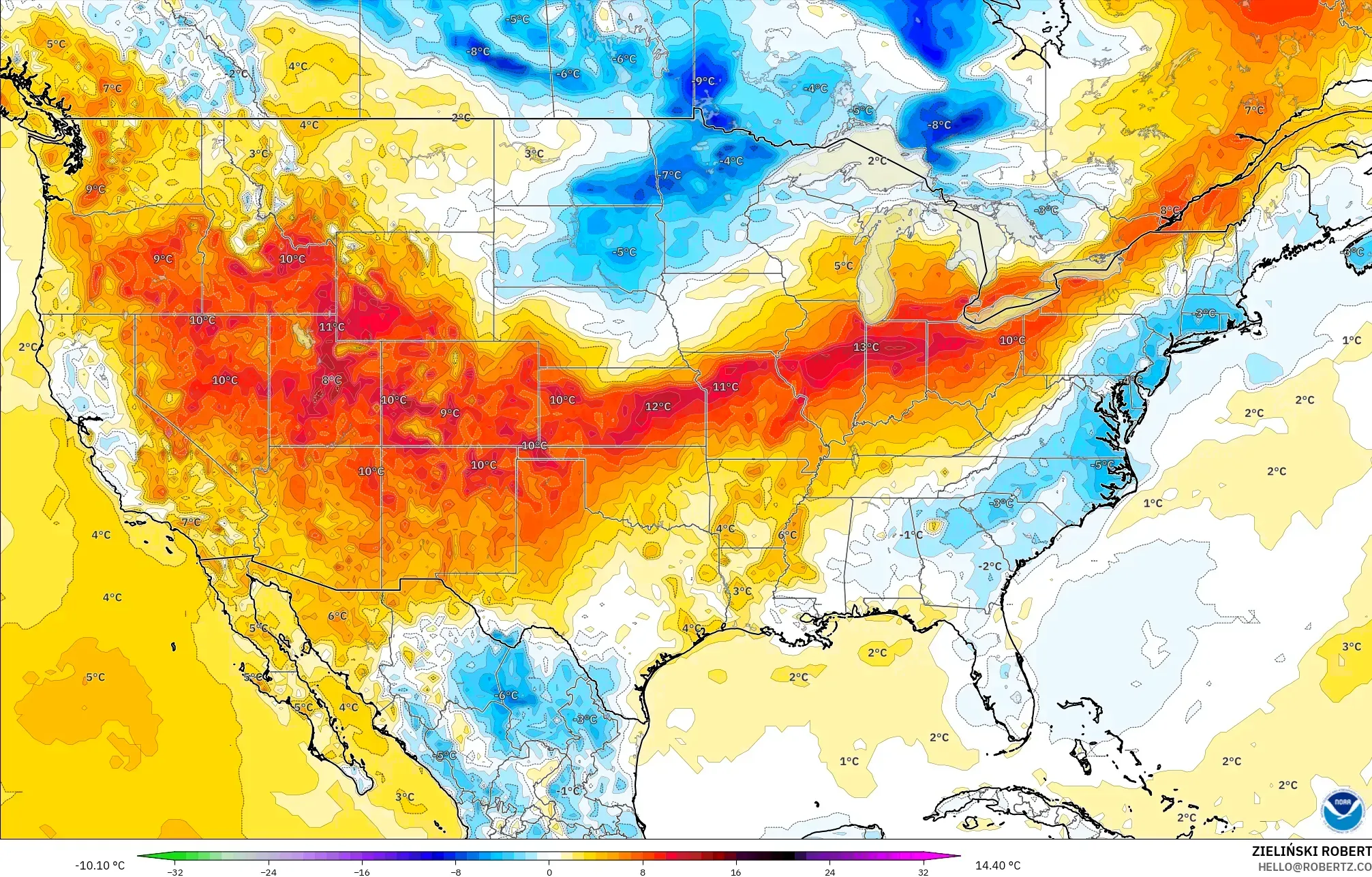 GFS model - Amerika Syarikat, Anomali Suhu 2 m