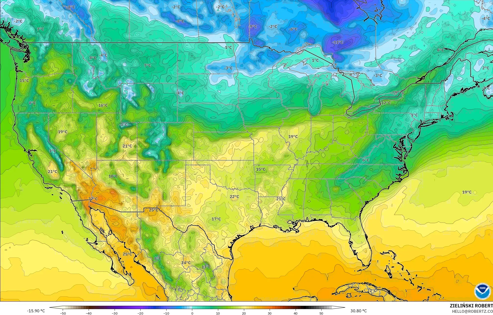 GFS model - Amerika Syarikat, Suhu pada 2 m