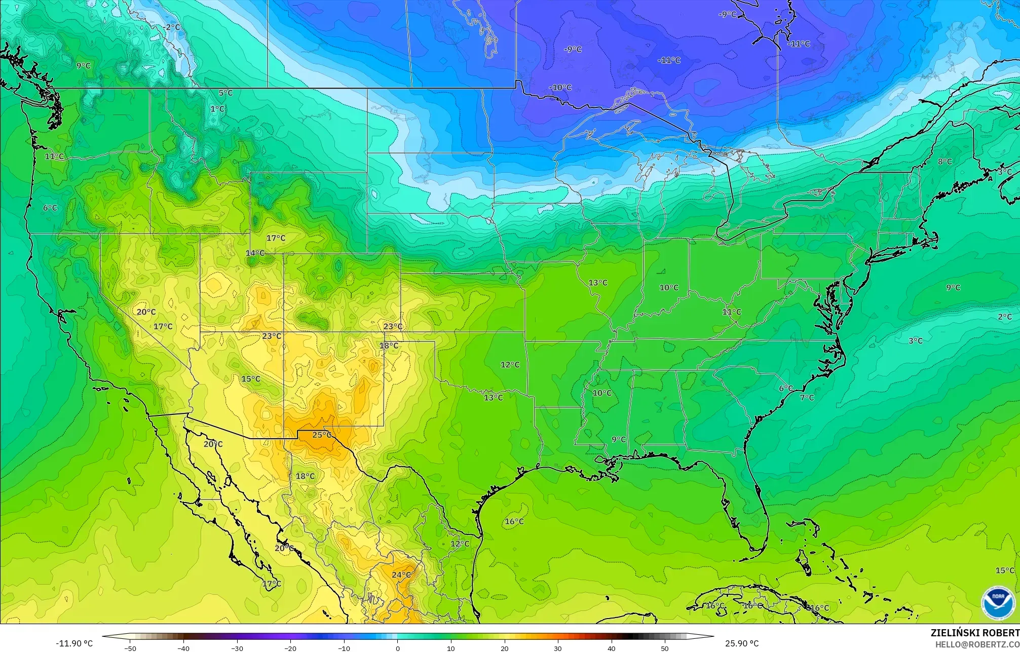 GFS model - Amerika Syarikat, Suhu 850 hPa