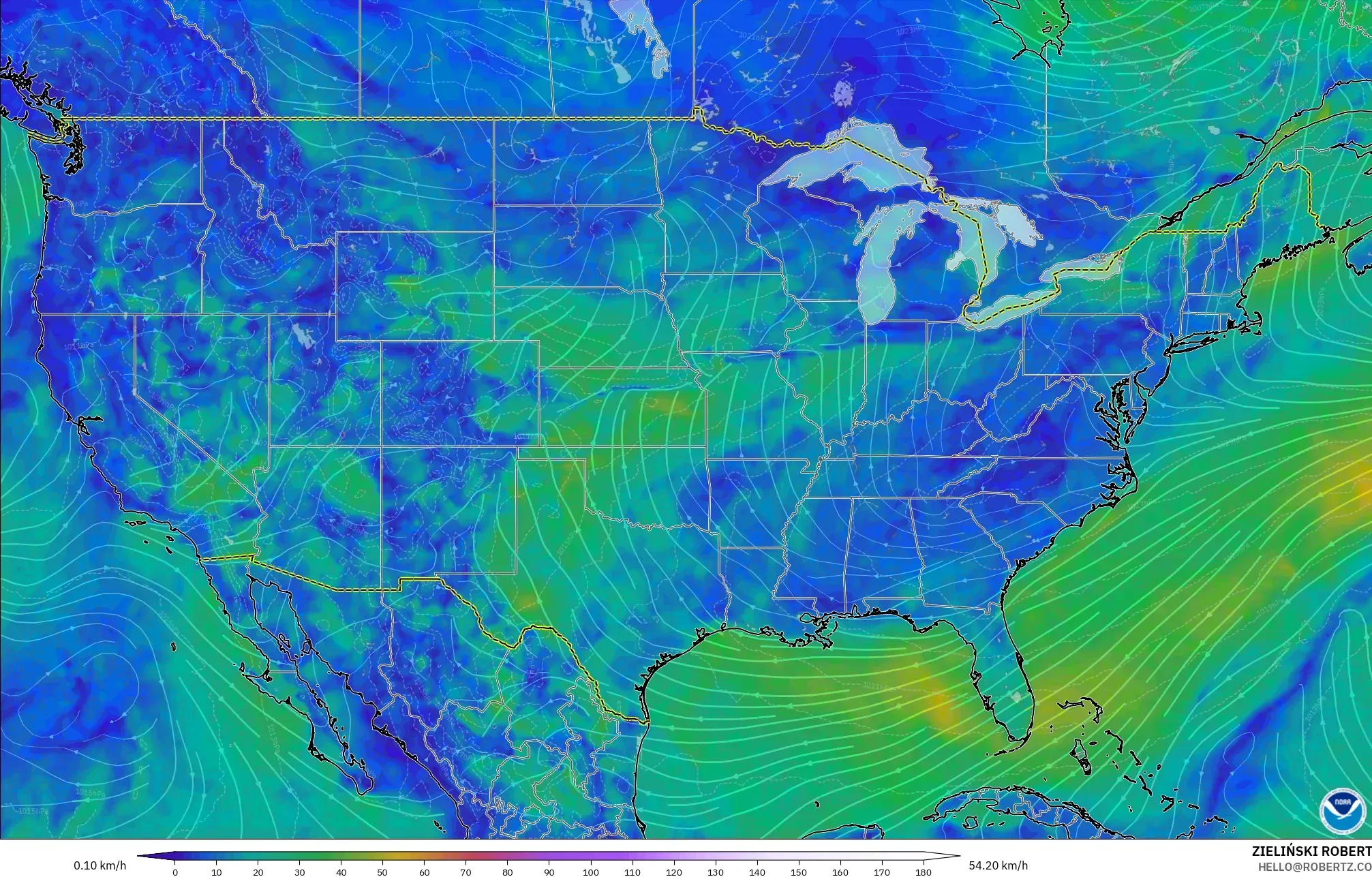 GFS modelo - United States, Wind at 10m