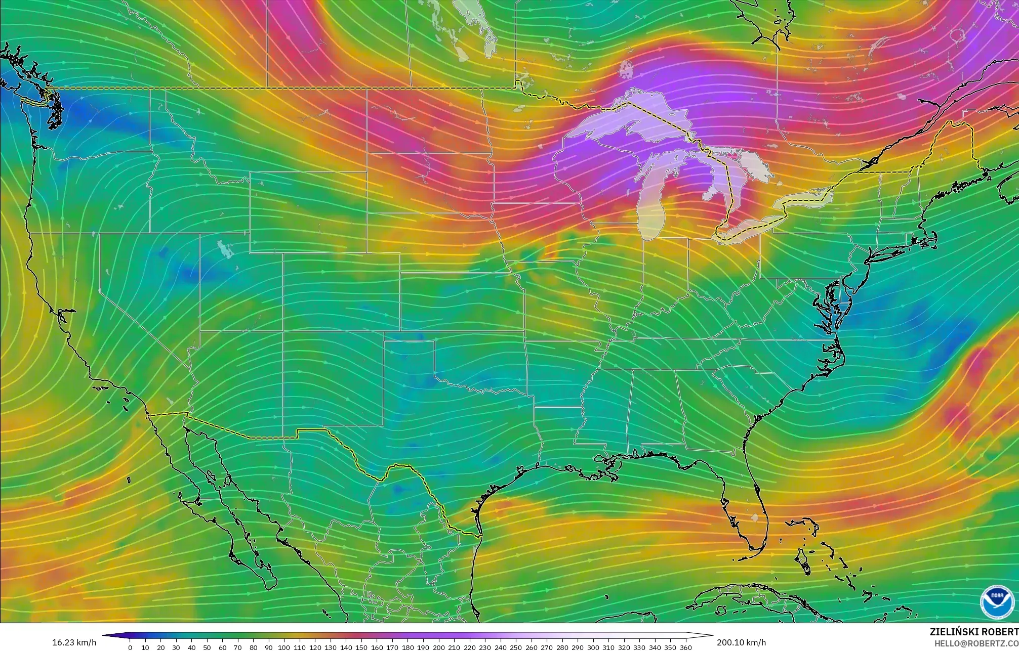GFS model - Amerika Syarikat, Angin 300 hPa (aliran jet)