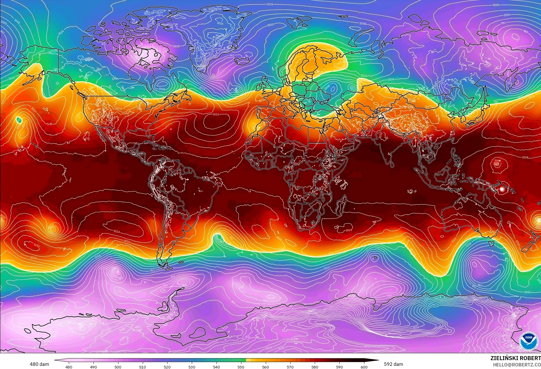 GFS modelo - World, Geopotential height at 500hPa