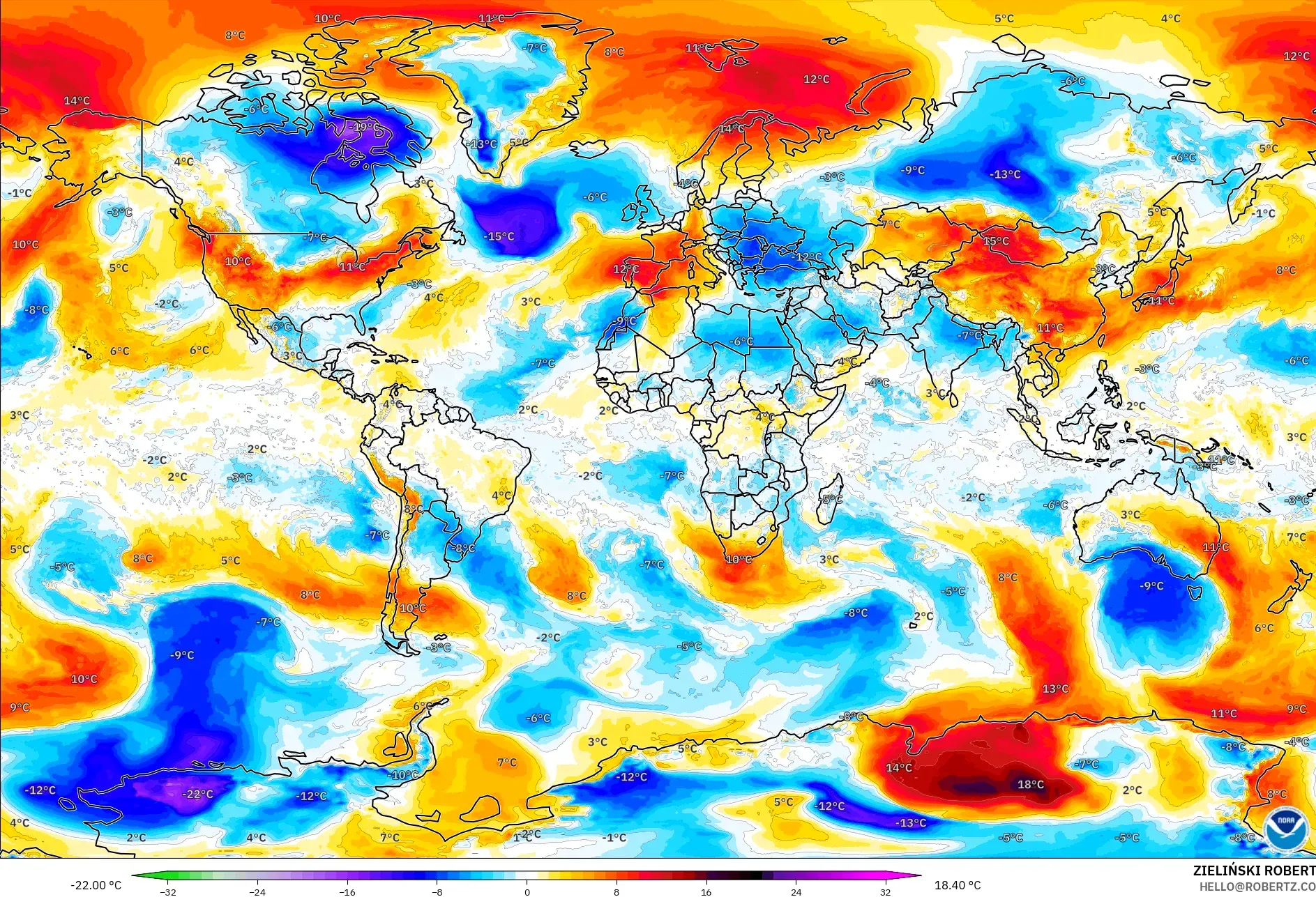 GFS modelo - World, Temperature at 850hPa Anomaly