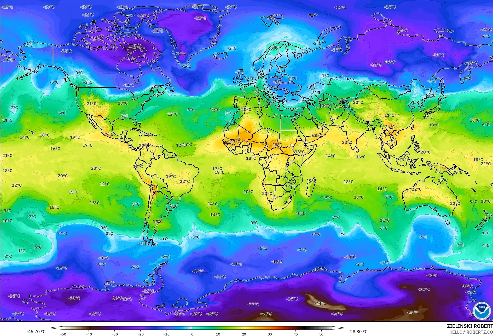 GFS model - Dunia, Suhu 850 hPa