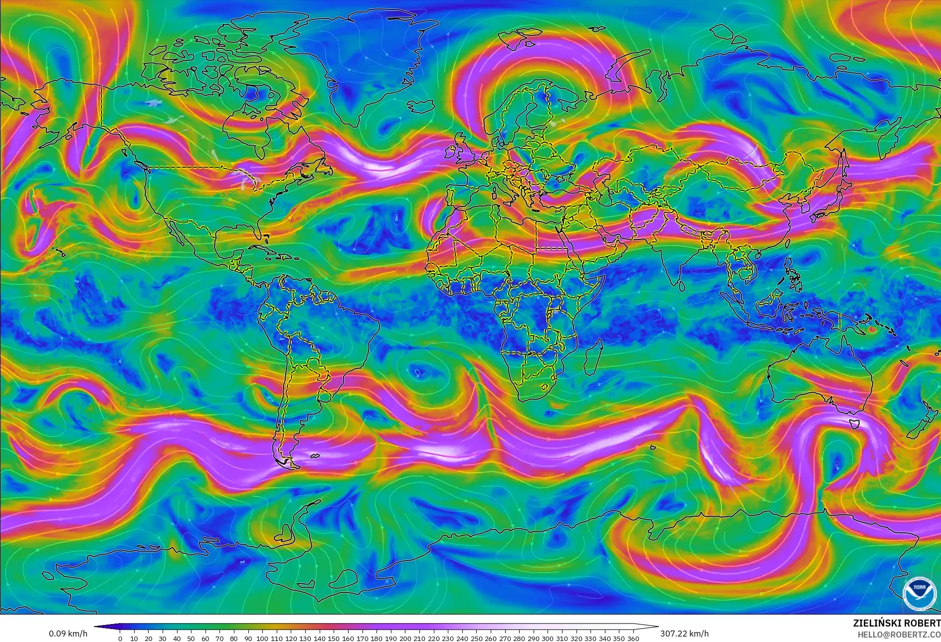 GFS model - Dunia, Angin 300 hPa (aliran jet)