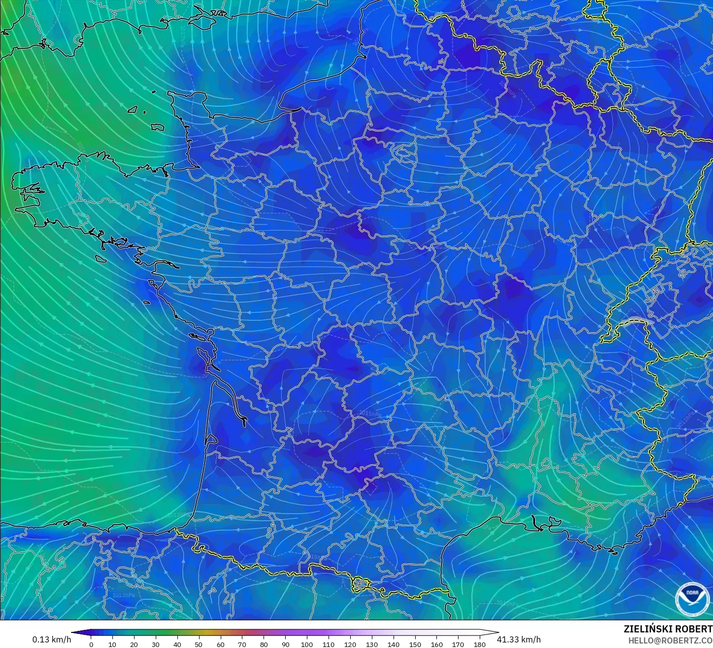 GFS model - France, Wind at 10m