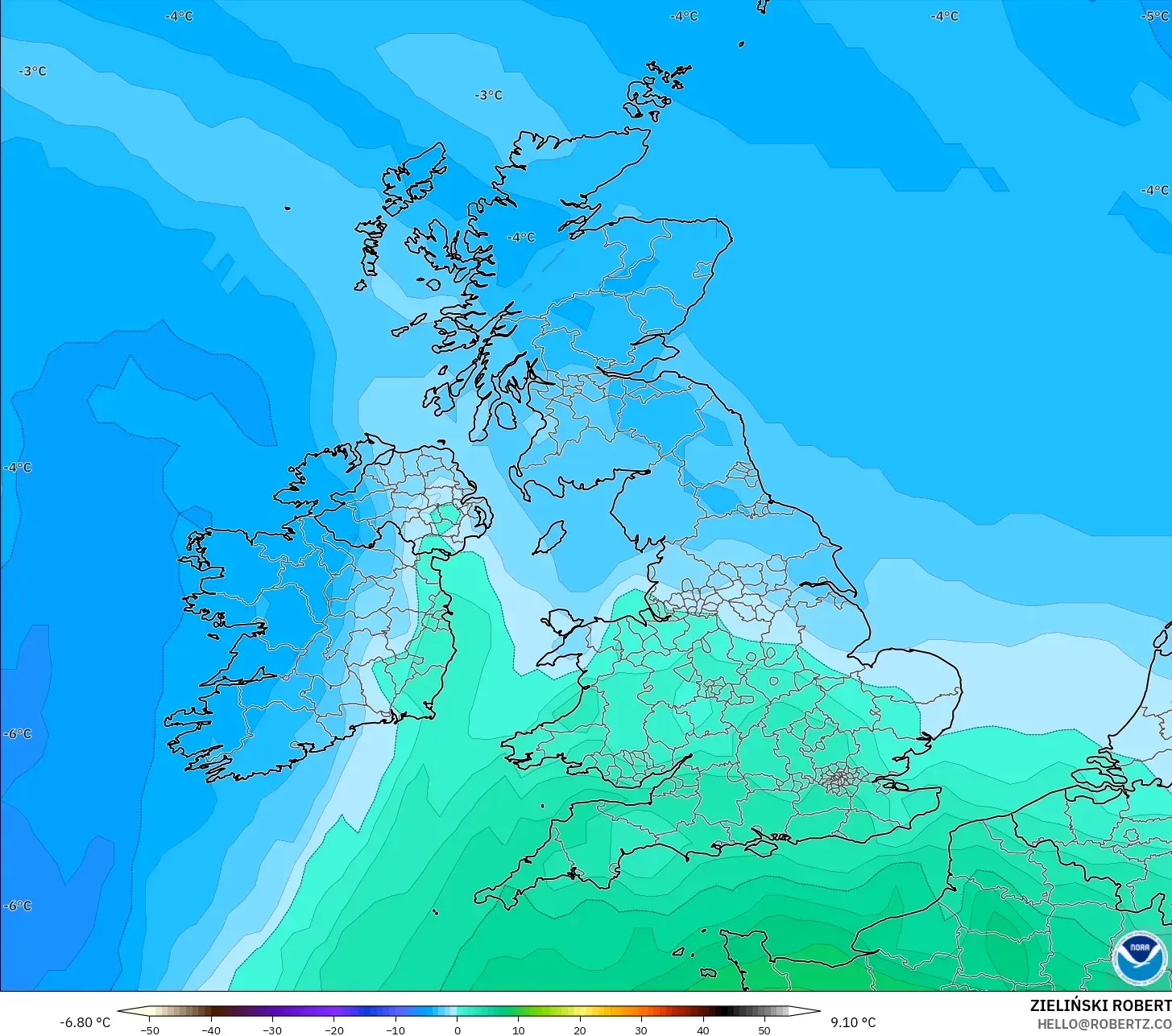 GFS model - United Kingdom, Temperature at 850hPa
