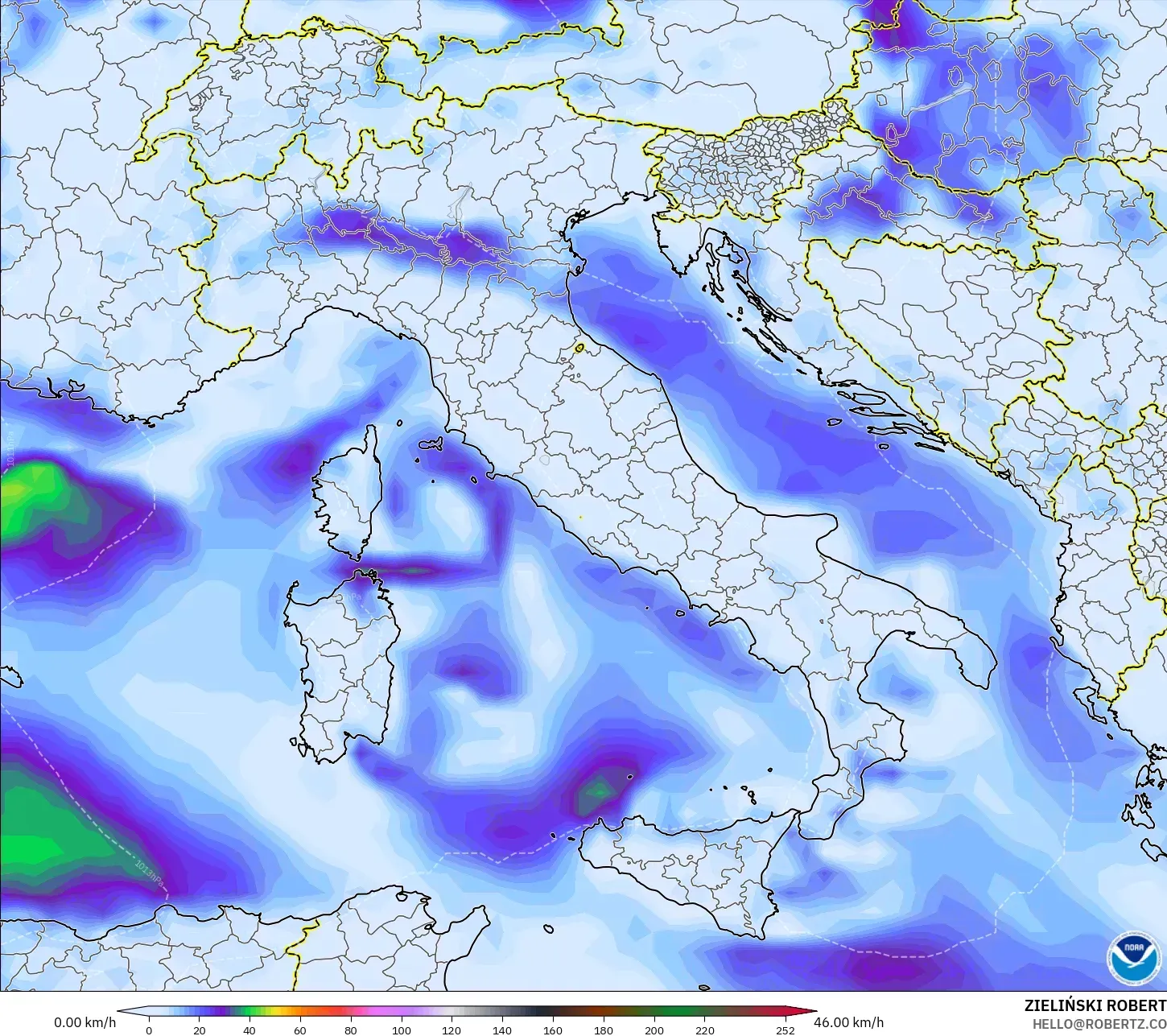 GFS model - Italy, Wind Gusts