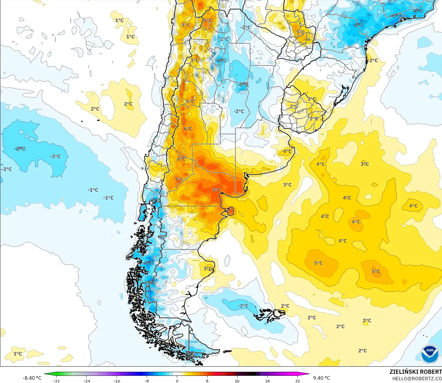 GFS model - Argentina, Anomali Suhu 2 m