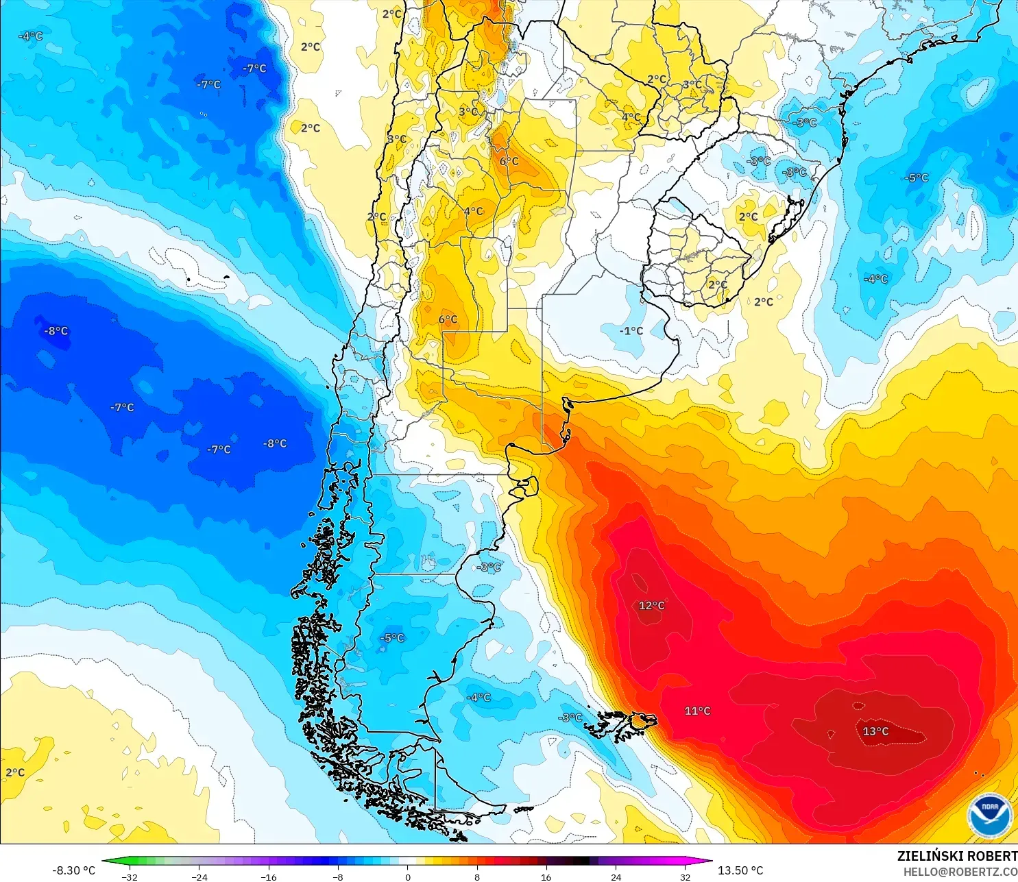 GFS model - Argentina, Anomali Suhu 850 hPa