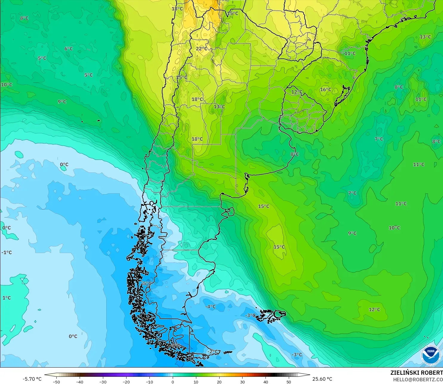 GFS model - Argentina, Suhu 850 hPa