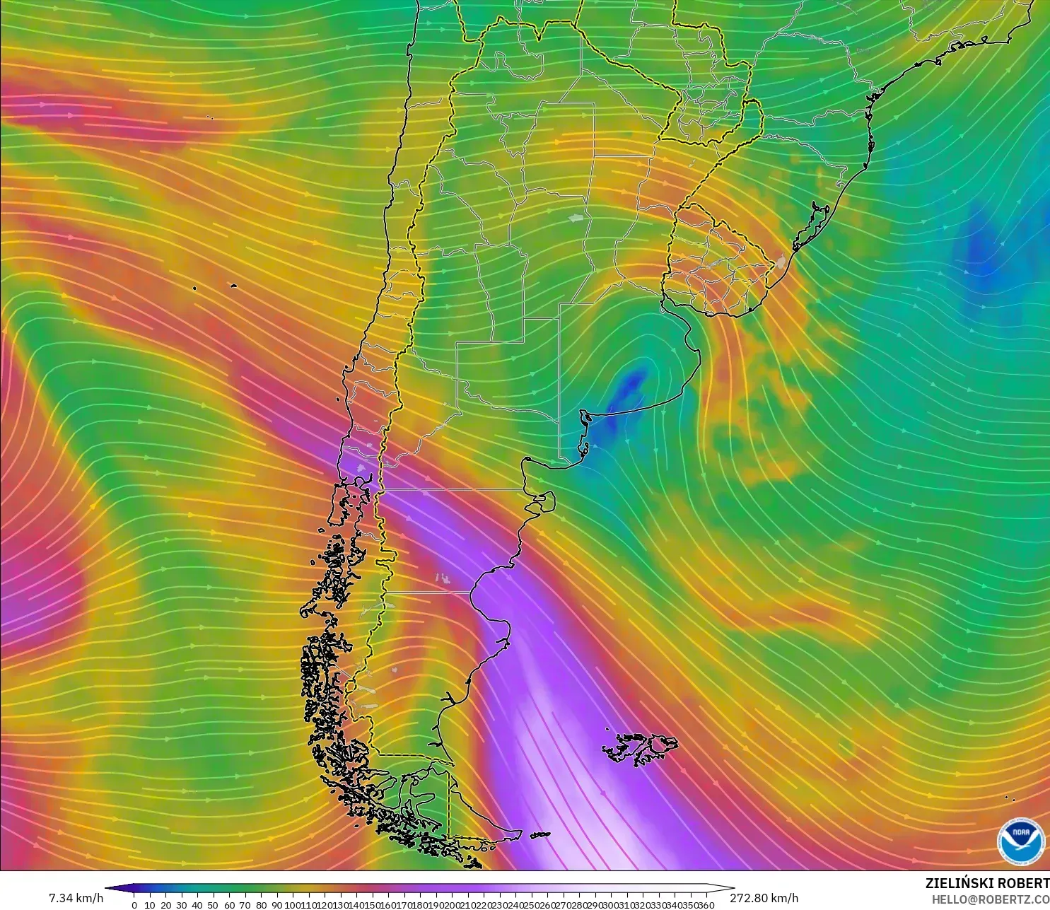 GFS model - Argentina, Angin 300 hPa (aliran jet)