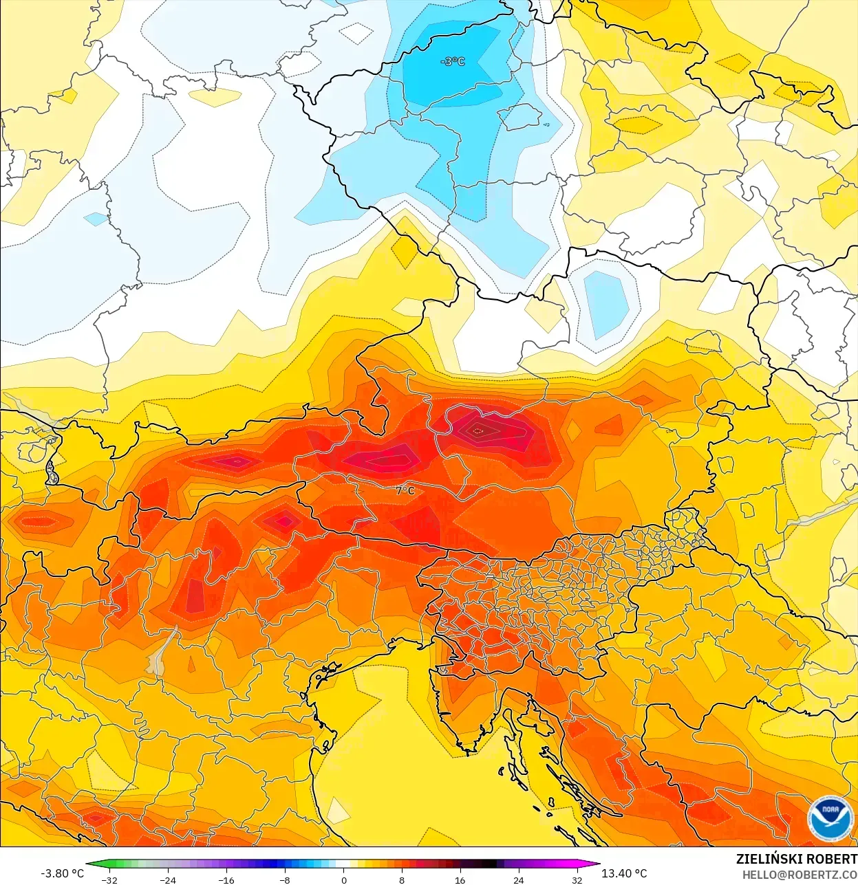 GFS model - Austria, Anomali Suhu 2 m