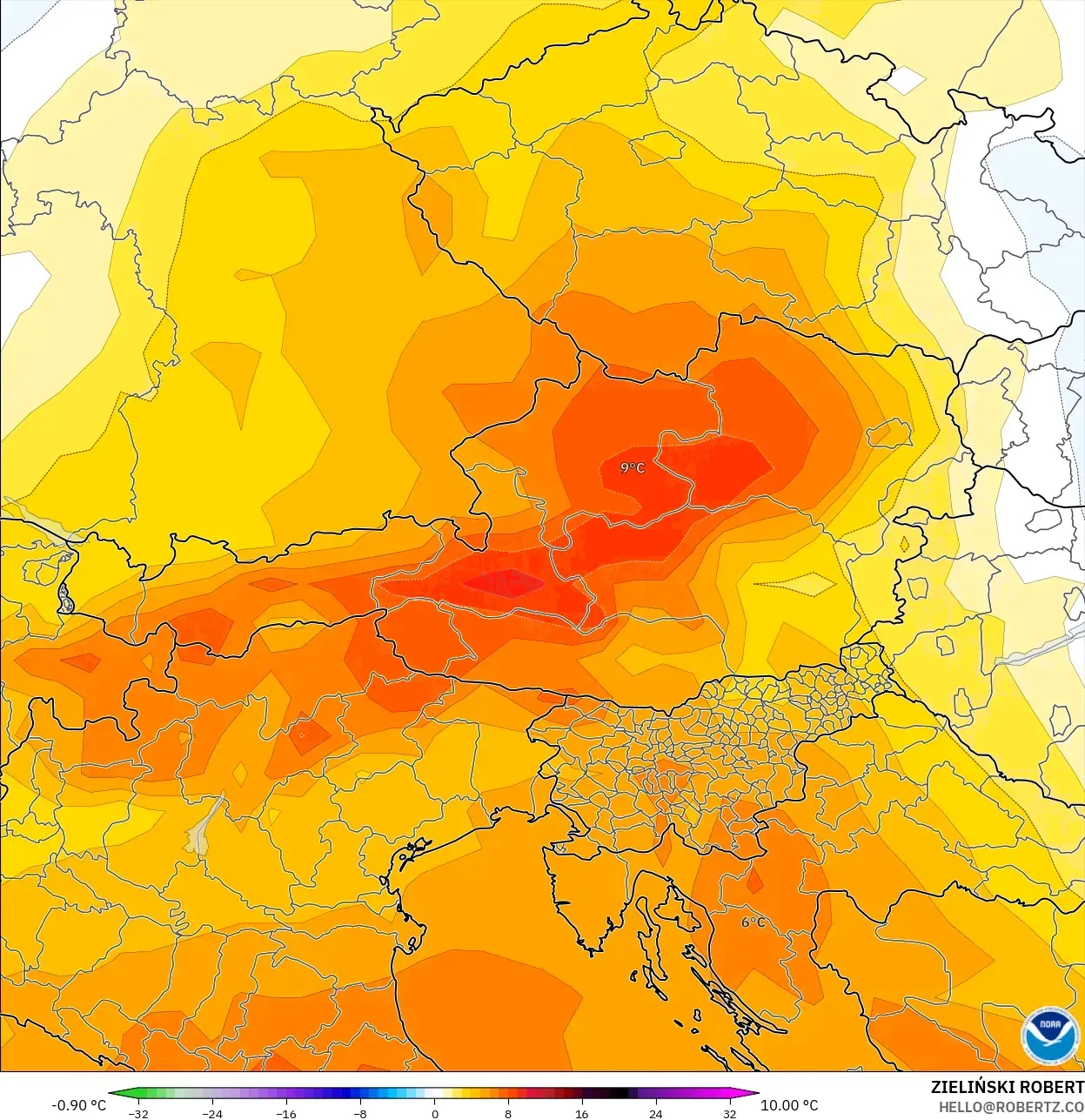 GFS model - Austria, Anomali Suhu 850 hPa