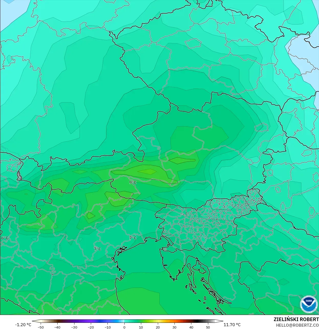 GFS model - Austria, Suhu 850 hPa