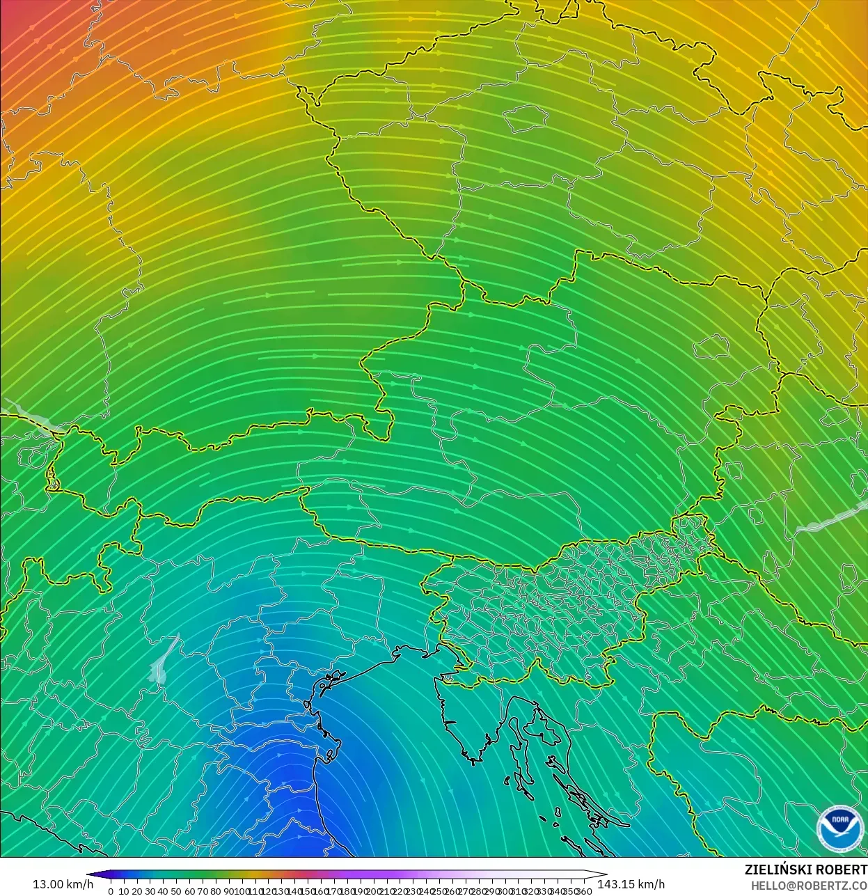 GFS model - Austria, Angin 300 hPa (aliran jet)