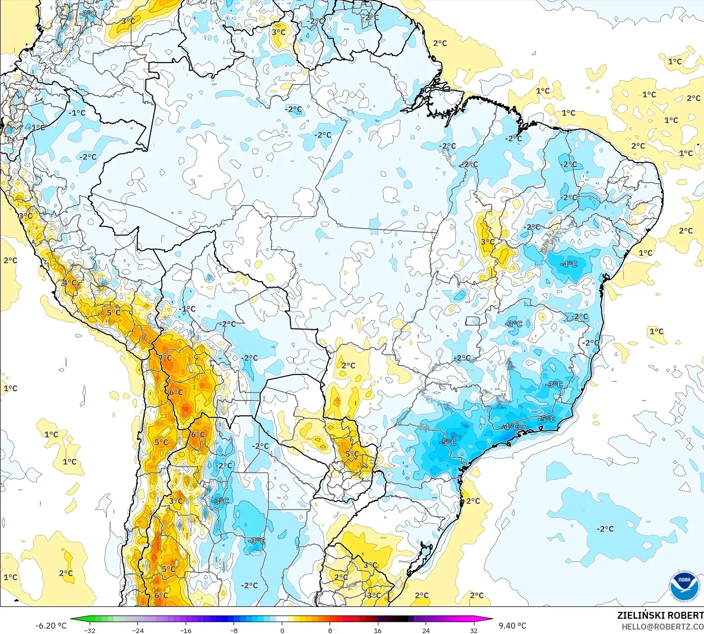 GFS model - Brasil, Anomali Suhu 2 m