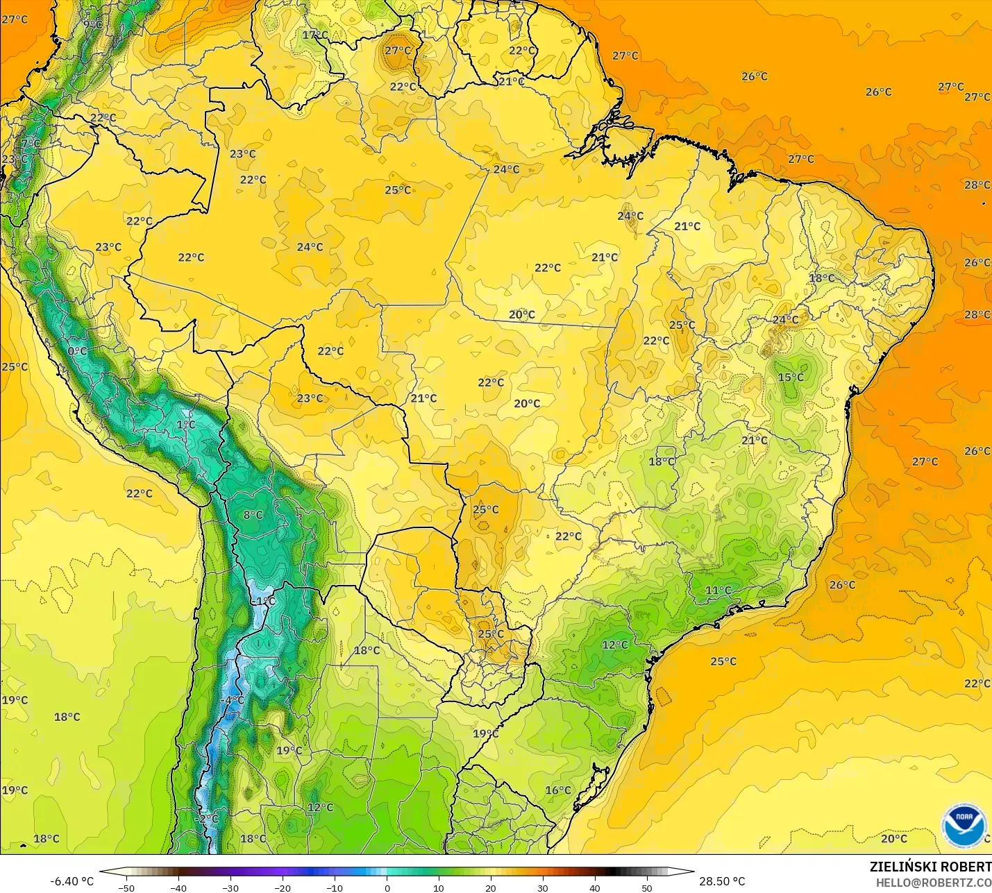 GFS model - Brasil, Suhu 2 m