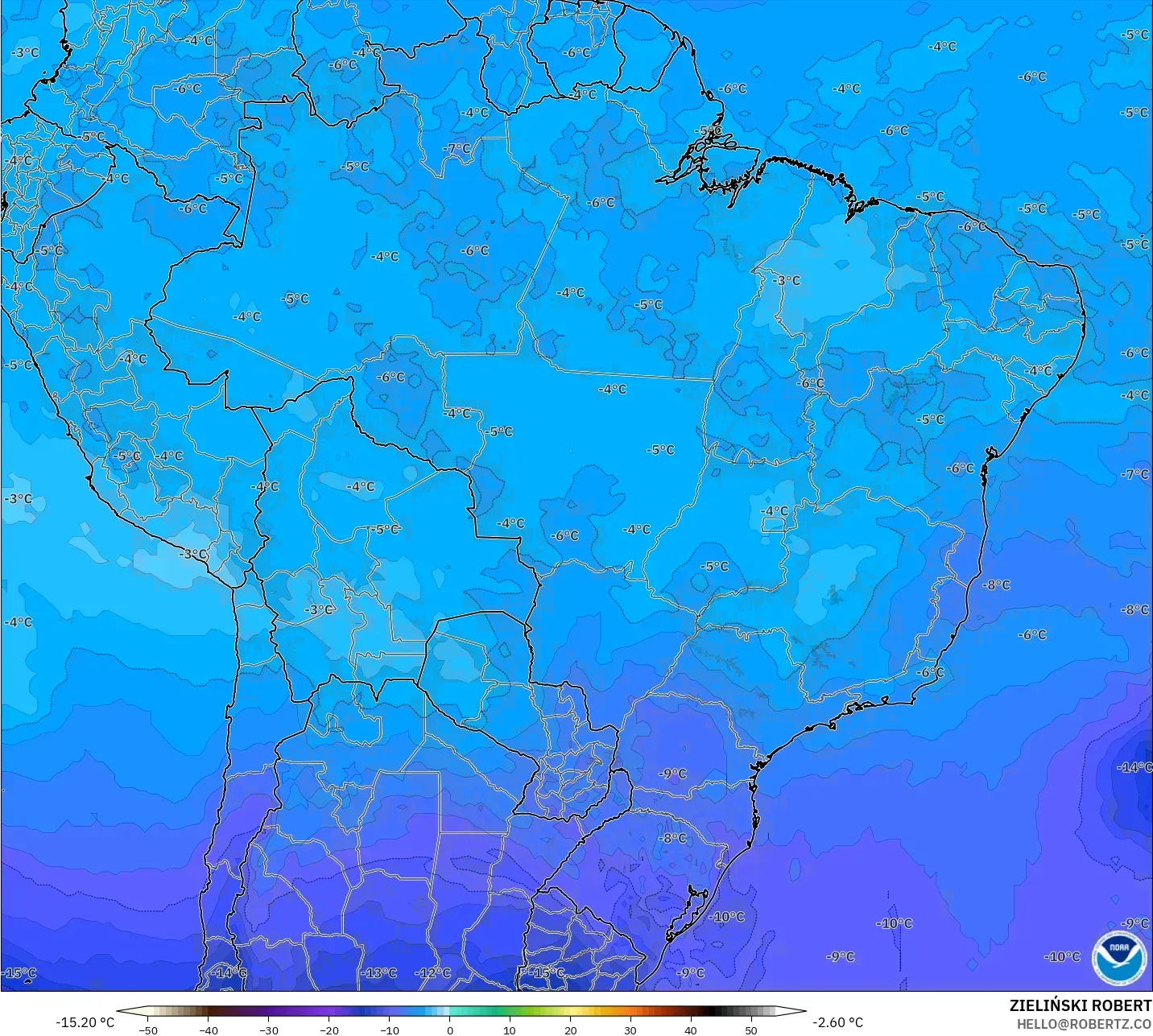 GFS model - Brasil, Suhu 500 hPa