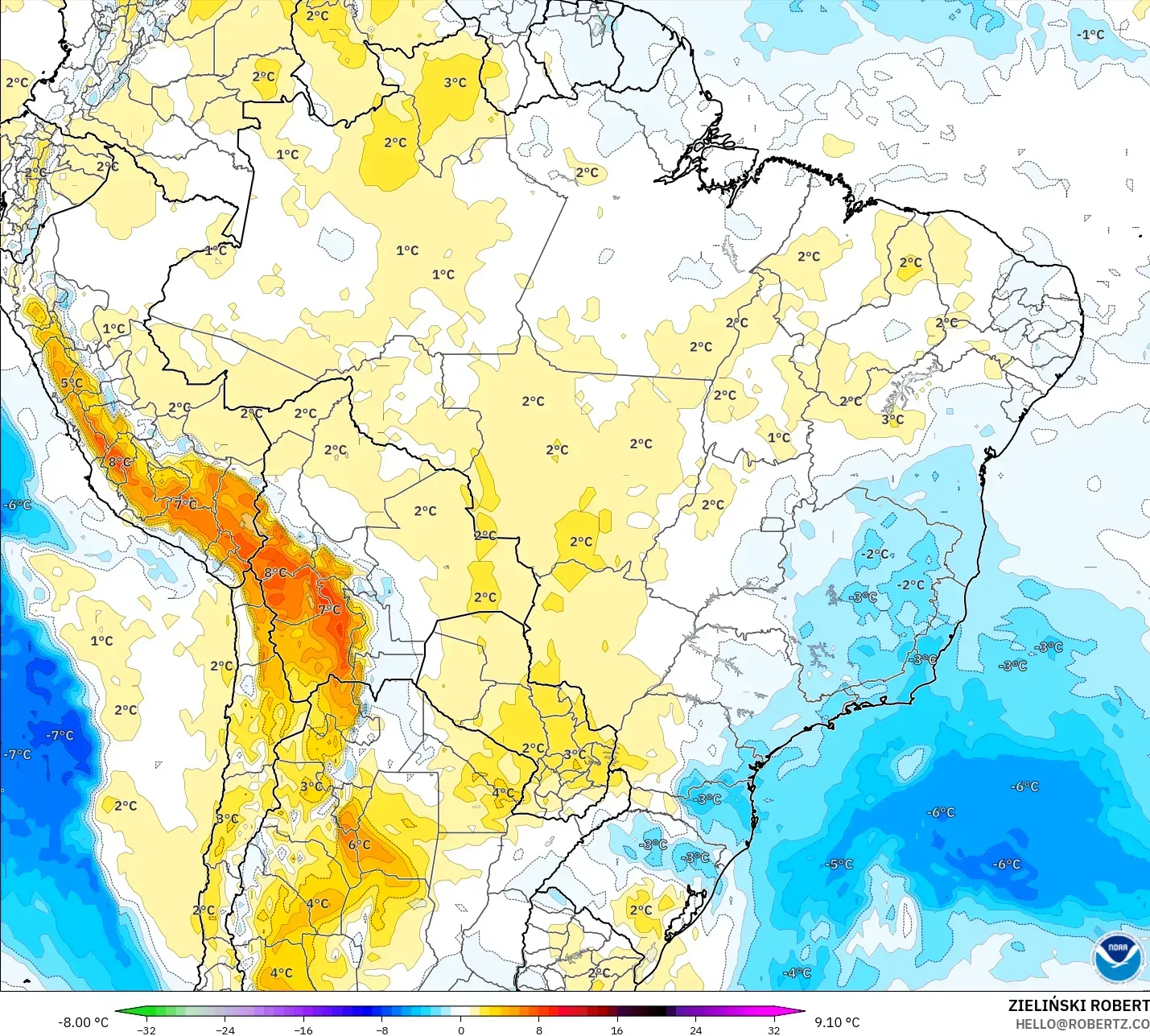 GFS model - Brasil, Anomali Suhu 850 hPa